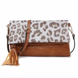 Jen & Co Austin Flapover Tassel Crossbody/Clutch- Cheetah Light Grey